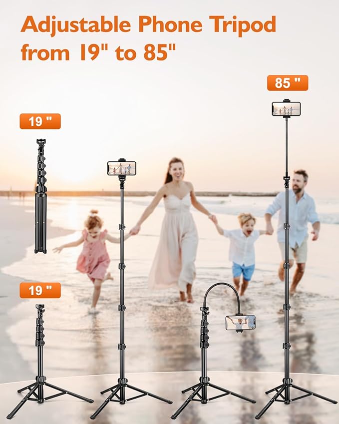 Phone Tripod, 85" Tall Tripod for iPhone with Gooseneck and Remote, Overhead Phone Stand for Recording Watching Cooking Fitness Vlog, Compatible with iPhone Android, Black