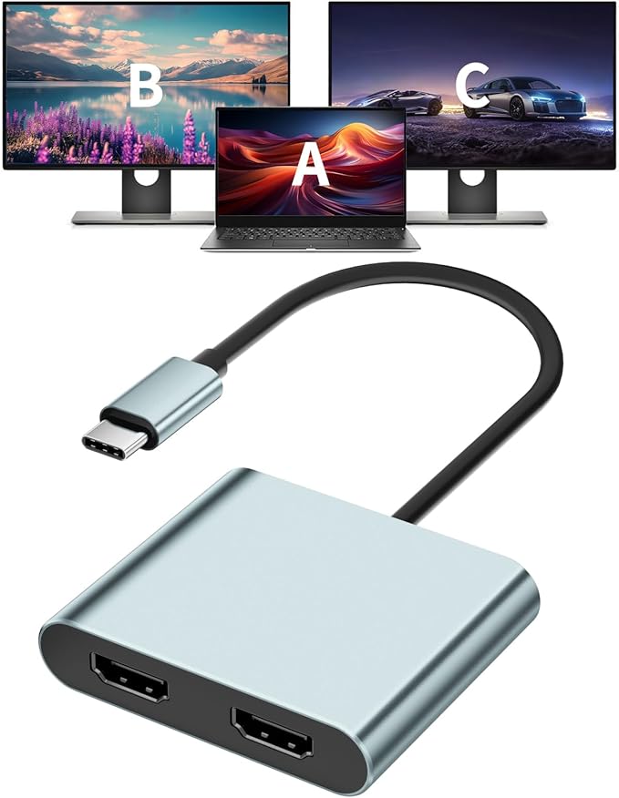 USB C to Dual HDMI Adapter, 4K@60Hz Type-C to HDMI Splitter for Dual Monitors Extend Display for MacBook Pro/Air, Dell XPS 13/15/17, HP, Lenovo, Samsung Galaxy, Surface Type C Laptop