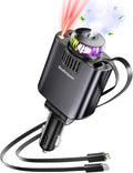 Retractable Car Charger with Air Freshener Diffuser & Star Lights,Multi Port Cigarette Lighter Adapter for iPhone Car Phone Charger USB-C/Type-C Fast Charging with 2 Retractable Cable (Black)
