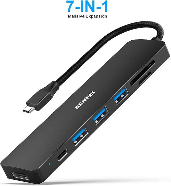BENFEI USB C HUB 7-in-1, USB-C HUB Multiport Adapter with HDMI (4K @ 60Hz Certified)/100W Power Delivery/3*USB 3.0 5Gbps/SD/TF Card Reader (160MB/s) for iPhone 15 Pro/Max MacBook iPad Pro iMac S23
