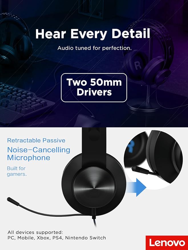 Lenovo Legion H300 Stereo Gaming Headset, Noise-Cancelling Mic, Memory Foam & PU Leather Earcups, Stainless Steel Headband, PC, PS4, Xbox One, Nintendo Switch, Mac, GXD0T69863, Black