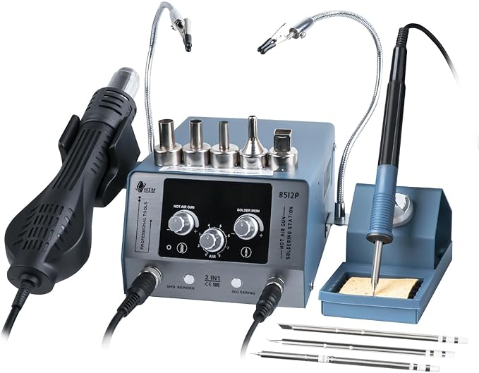 HengTianMei 720W Hot Air Soldering Station 2-IN-1 SMD Soldering Iron Station with 2 Helping Hands, 3 Soldering Tips, 5 Nozzles, Sleep Mode, Fast Heating, 392℉-932℉, for Electronics PCB Repair（8512P）