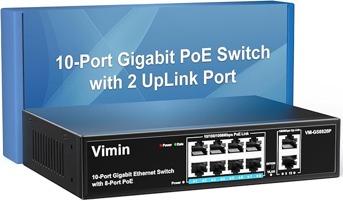 8 Port Gigabit PoE Switch with 2 Uplink Gigabit Ports, VIMIN 10 Port Unmanaged Ethernet PoE Switch with 120W Power, Support IEEE802.3af/at, VLAN, Metal Housing, Desktop or Wall-Mount, Plug & Play