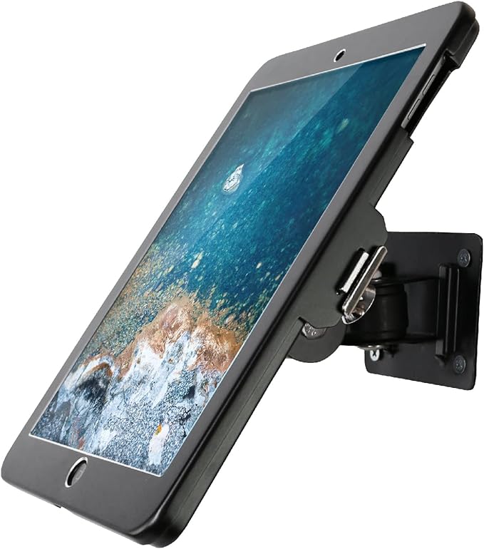 On Wall Mount Bracket for iPad 9.7" (6th, 5th Gen, Air 1 & 2, Pro), Anti-Theft Lock, Rotate Design, Multi-Angle, Metal (Black)