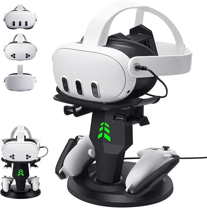 VR Headset Charging Dock for Meta Quest 3/Quest 3S/Quest 2, VR Charging Stand for Quest 3 Accessories VR Stand Supports Charging Headset with Type C Cable and fit Controller with Cover