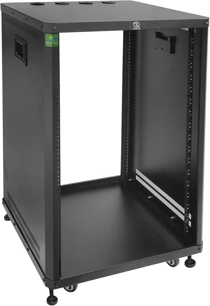 RIVECO POMU 18U Stereo & Server Rack with Caster Wheels, Rolling Network Cabinet, Open Frame for 19 inches Audio Video Music Recording & IT Equipment, Obtuse Angel, Lifting Handle