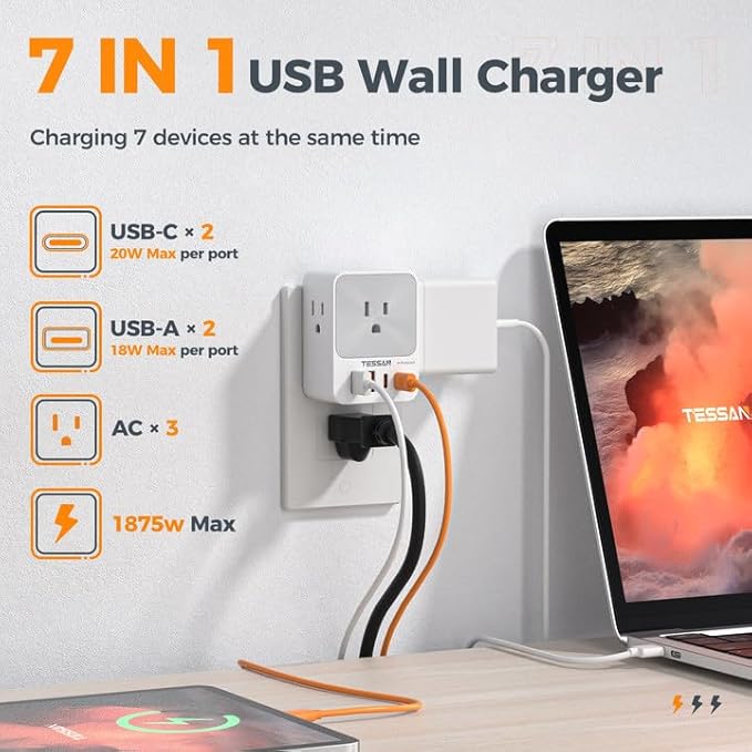USB C Charger Block 20W PD, TESSAN 4 USB Wall Charger Fast Charging with 3 Outlet Extender Surge Protector, 3 Side Multi Port Adapter, Electric Multiple Outlet Plug for Home Office Dorm Room