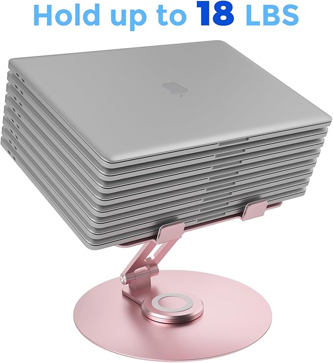 Swivel Laptop Stand for Desk, Adjustable Height Aluminum Computer Stand with 360 Rotating Base, Foldable Ergonomic Riser, Portable Laptop Holder Compatible with MacBook, All Laptops 10-17'', Pink