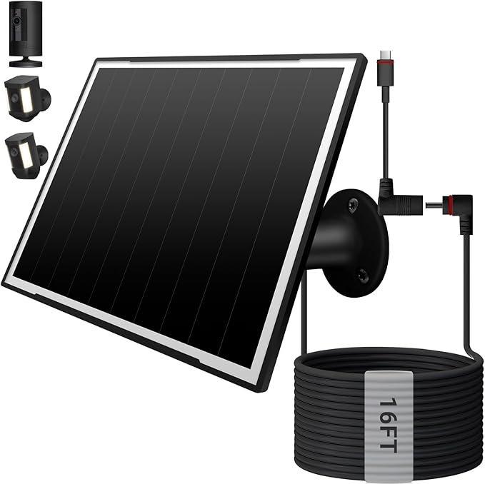 Solar Panel for Ring Camera, 8W High - Efficiency Solar Charger, Compatible with Stick Up Cam & Spotlight Cam (Battery) - Waterproof, 16ft Long Cable, USB-C & DC5V Ports, Sleek Black Finish