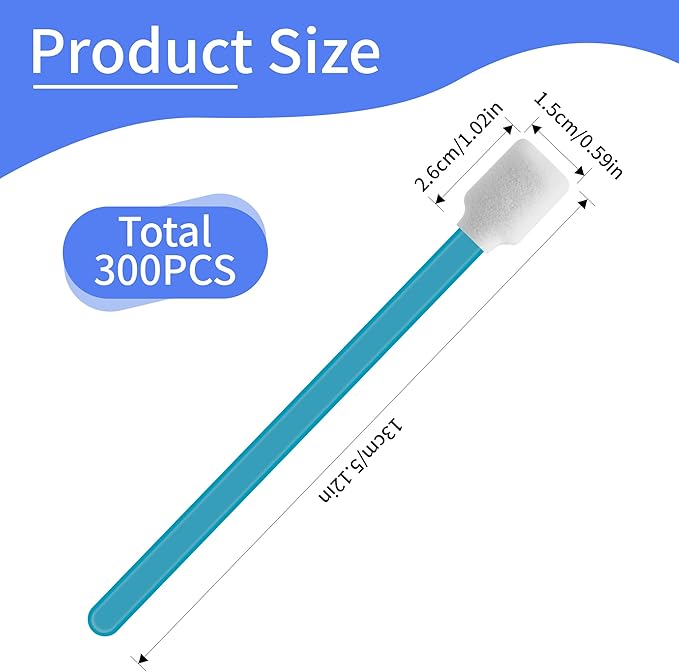 Lint-Free Lab/Printer/Optical Printheads – 300 Pcs Foam Swabs for Inkjet Printheads, Sensors, Electronics, Cameras, Car Detailing, Optical Equipment and Precision Tools