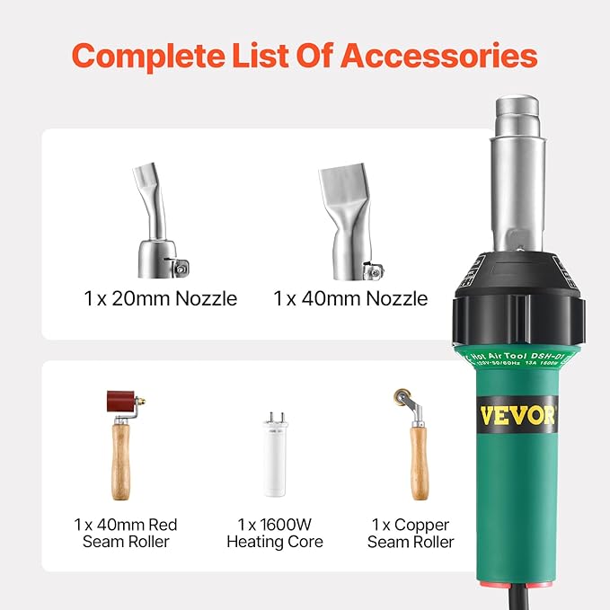 VEVOR Hot Air Plastic Welder, 1600W Hot Air Torch Pistol, 122-1112℉ PVC TPO Vinyl Heat Gun Welding Torch, Plastic Welding Roofing Kit with 2 Nozzles, Silicone & Copper Seam Roller for PP/PE/PVC Sheet