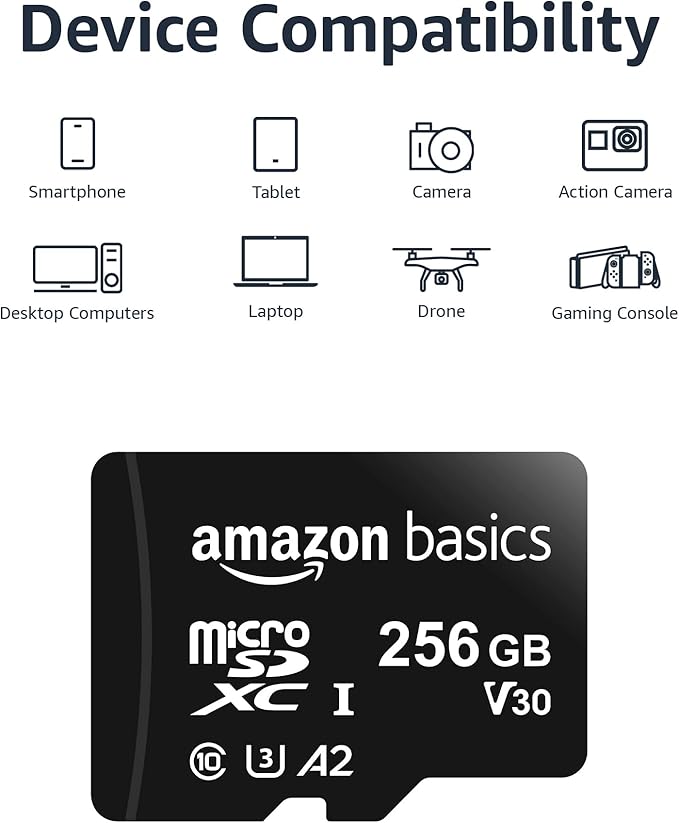 Amazon Basics Micro SDXC Memory Card with Full Size Adapter, A2, U3, Read Speed up to 100 MB/s, 256 GB, Black