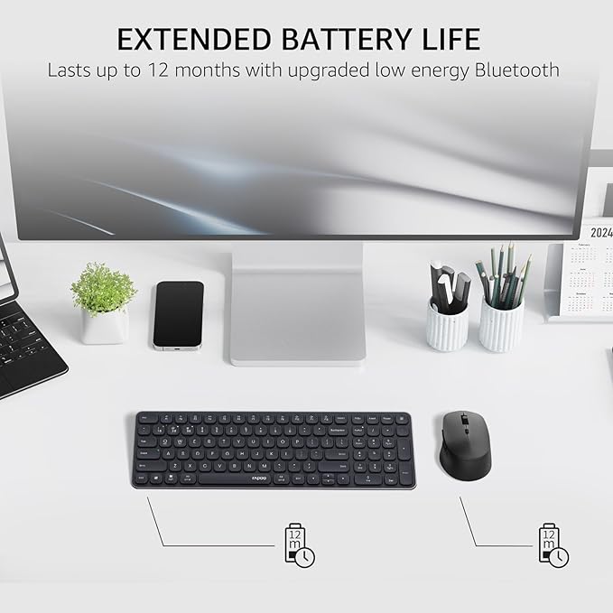 Rapoo 9360M Wireless Keyboard and Mouse Combo, Blade-Series E9310M 99-Key Ultra-Thin Keyboard and M300G Silent Mouse, Support 4 Devices, Quiet, Compact, Battery Powered, for Windows/Mac/Linux/Chrome