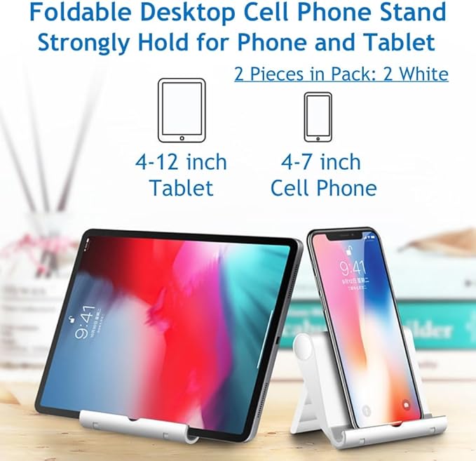 Cell Phone Stand for Desk 2 Pack Mobile Phone Holders Desktop Tablet Stand, Foldable Phone Dock Universal Adjustable Tablet Stand for Desk Compatible with Cell Phone Support (White 2 PCS)