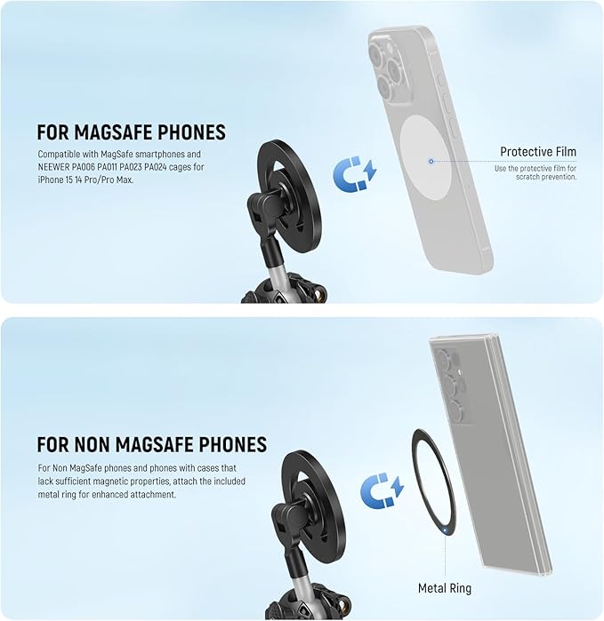 NEEWER Magnetic Flexible Phone Tripod Compatible with Magsafe iPhone 15 Pro Max 14 Series Android, Mini Vlog Cellphone Tripod Stand with Ball Head for Stroller Bike Motorcycle Tube Round Objects, TP33