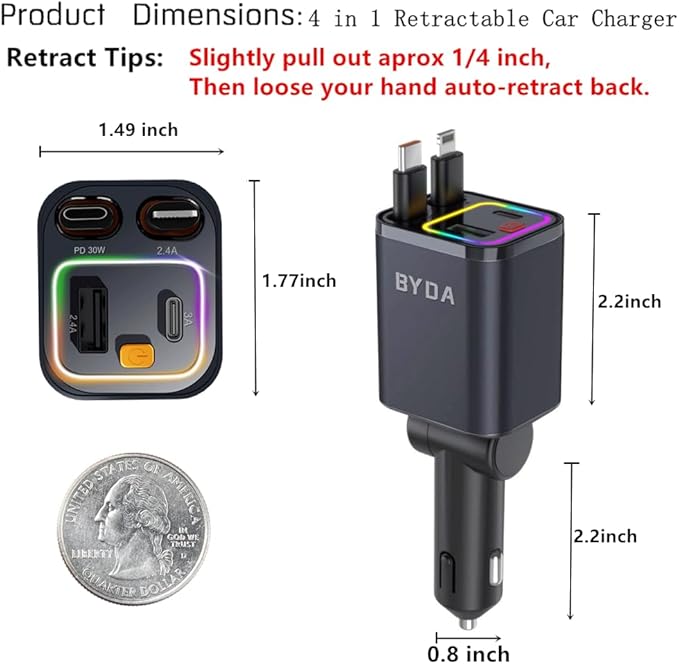 4 in 1 Retractable Car Charger,69W Car Charger USB C,Cigarette Lighter Adapter,Fast Charging for iPhone 16e/16/15/14,13,Samsung Galaxy,iPad,Pixel (Gray, for Dual Cord USB-C)