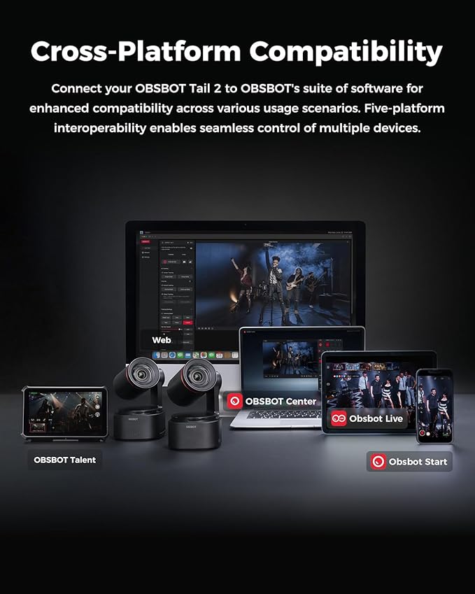 OBSBOT Tail 2 PTZR NDI Camera 4K@60FPS, Pro AI Tracking, 1/1.5" CMOS, 50MP, 5X Optical Zoom, 12X Hybrid Zoom, SDI/HDMI/IP/USB 3.0 Output, Live Streaming for Education, Conference, Worship, Live Events