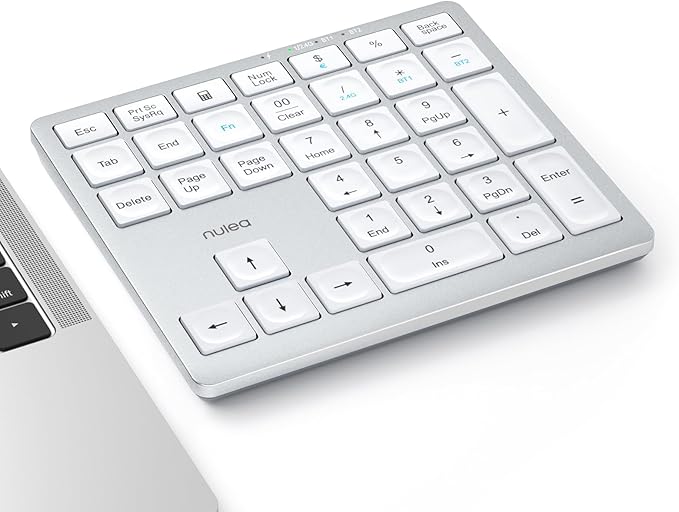Nulea Wireless Number Pad Bluetooth 5.0 & 2.4G Portable Numeric Keyboard, USB-C Rechargeable, 34-Keys Bluetooth Keyboard for Data Entry (Silvery White)