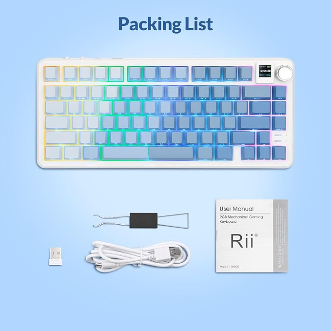 Rii RK805 Wireless Creamy Mechanical Keyboard with TFT Screen and Knob,75% Gasket-Mounted Gaming Keyboard with RGB Backlight,Tri-Mode BT/2.4G/USB-C,Hot Swappable,for Windows/Mac/Linux(Blue Gradient)