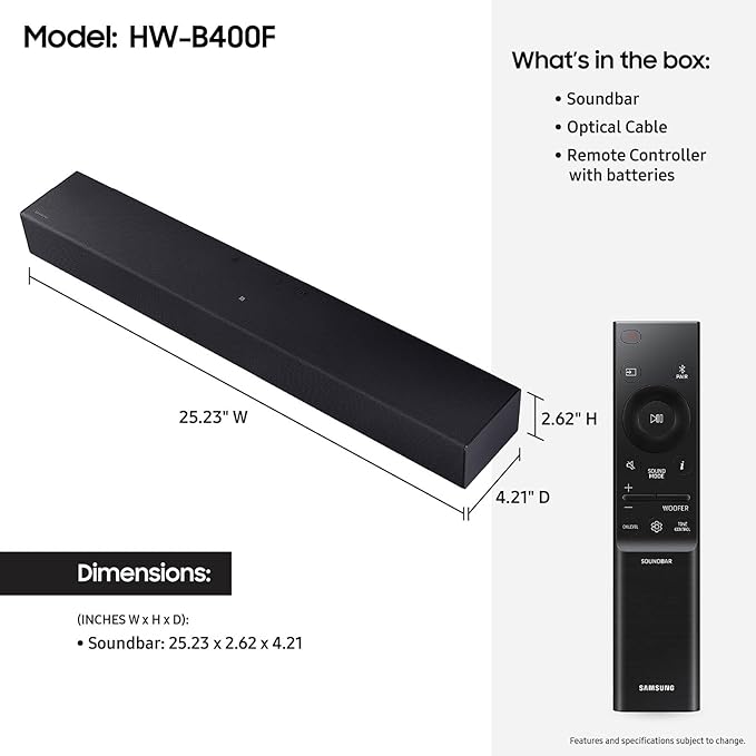 Samsung B-Series Soundbar HW B400F 2.0 ch Soundbar with Built in Subwoofer (2025 Model) One Remote Control, Surround Sound Expansion, Voice Enhance Mode