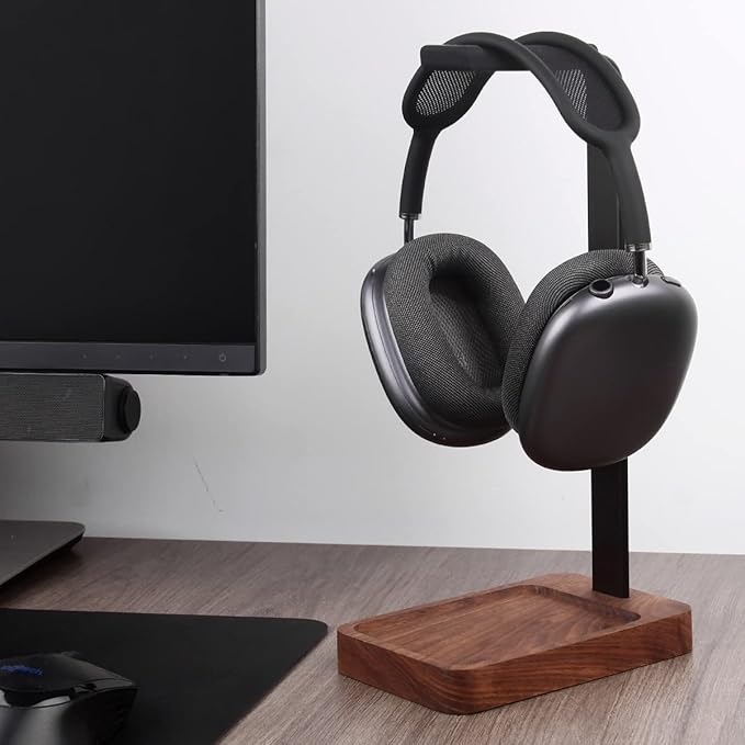 Walnut Wood & Aluminum Headset Holder, Desktop Headphone Stand, Universal headphone holder for most music gaming headsets - Black Walnut