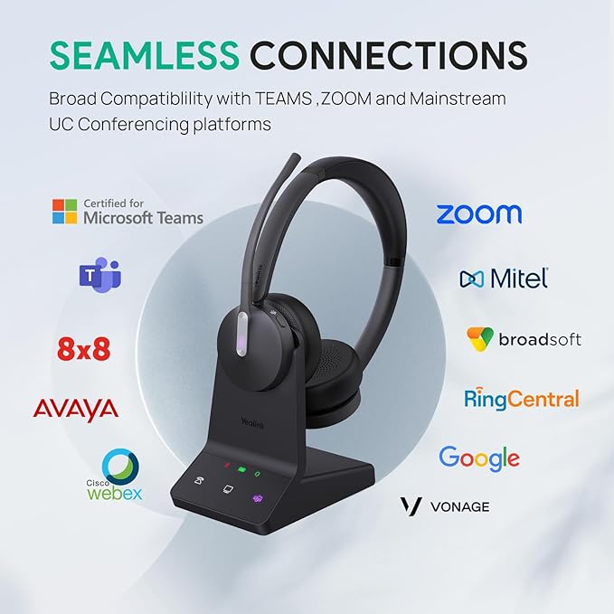 Yealink WH64 DECT & Bluetooth Dual Teams Wireless Headset, 606 ft Range On Ear Work Headphones with 3X Noise Cancelling Mic, 32H Talk Time, Ringer, Office Headsets for Desk IP Phone, PC,Cellphone