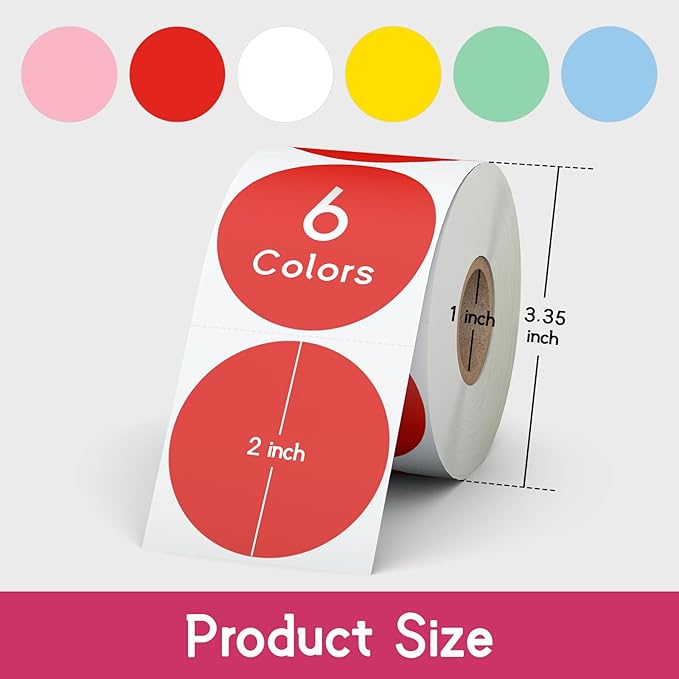 6 Rolls 2 Inch 6-Color Assorted Circle Direct Thermal Stickers Labels, Self-Adhesive Round Direct Thermal Labels for Business, DIY, Code, Name Tag, Envelope Seal - 4500 Labels