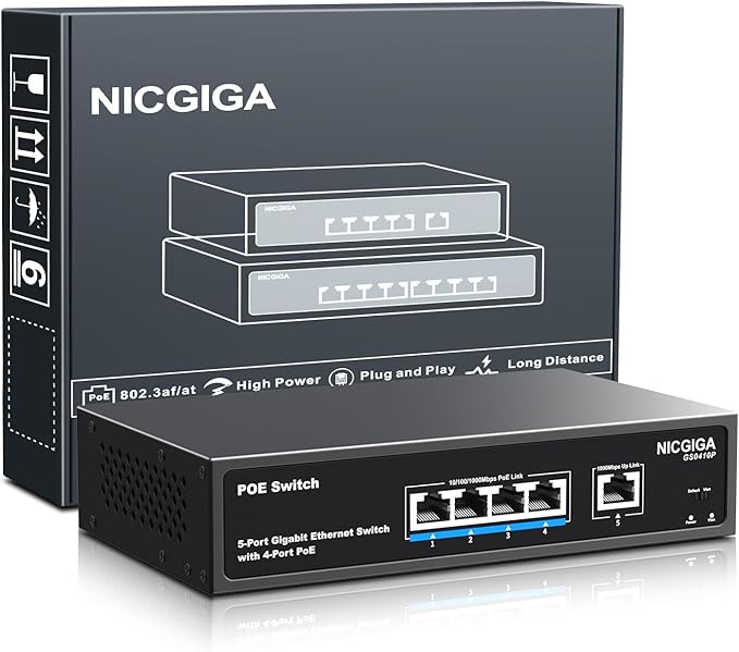 4 Port Gigabit PoE Switch Unmanaged with 4 Port IEEE802.3af/at PoE @78W, 1 x 1000Mbps Uplink, NICGIGA 5 Port Network Power Over Ethernet Switch, VLAN Mode, Desktop/Wall-Mount.