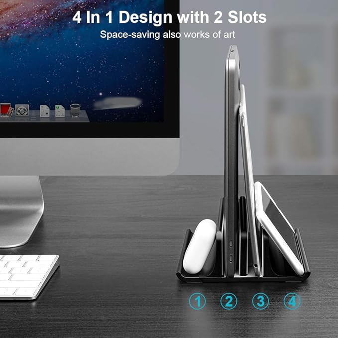 Vaydeer Double Adjustable Vertical Laptop Stand Newly Designed 2 Slots Aluminum Desktop Dual Holder for All MacBook/Chromebook/Surface/Dell/iPad Up to 17.3 Inches - Black