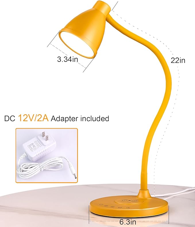 BOHON LED Desk Lamp with USB C+A Charging Ports Wireless Charger, 5 Colors Stepless Dimming Touch Reading Light, Flexible Gooseneck Lamp for Home Office Bedside Table College Dorm Room, Bright Yellow