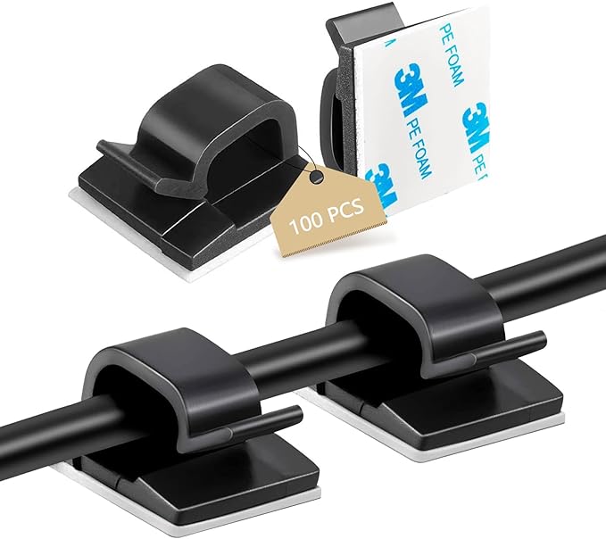 100PCS Adhesive Cable Clips, Wire Holder Organizer Cord Management, Cable Staples Outdoor Strong Cord Clips for Wall, Desk, Christmas Lights, String Lights, TV PC Ethernet Cable, Black Small