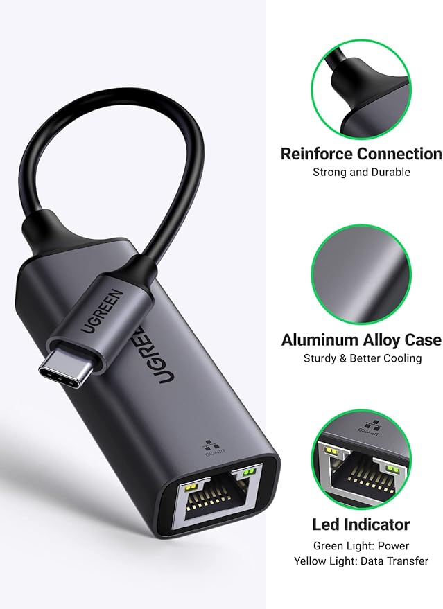 UGREEN USB C to Ethernet Adapter, 1000Mbps, RJ45, Driver-Free, Compatible with Windows, MacOS, iPadOS, ChromeOS, Android, Laptop, Tablet, Smartphone