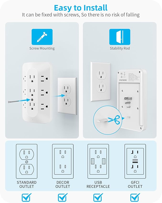 Wall Outlet Extender, 9 Outlet Splitter with 4 USB Ports (2 USB C), Multi Plug Wall Outlet Expander, 3-Sided Wall Charger Power Strip for Home, Office, Dorm, White