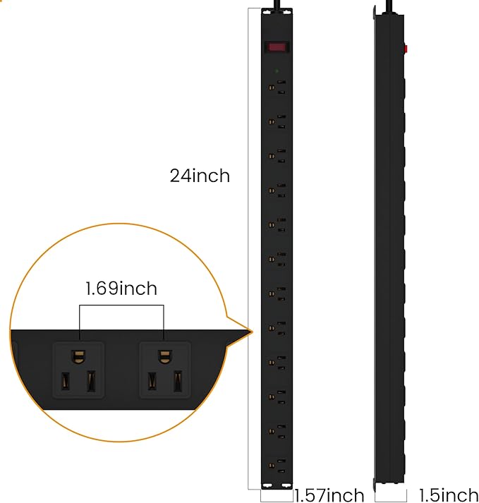 12 Outlet Long Power Strip Surge Protector with 2100 Joules, 3FT Power Cord, Wide Spaced Outlet Power Bar, Overload Protection Switch, Industrial Heavy Duty for Work Bench, Shop, Garage (Black),2 Pack
