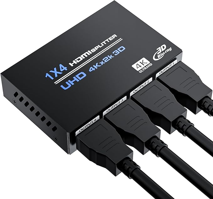 HDMI Splitter 1 in 4 Out 4K@30Hz, Powered 1x4 HDMI Video Splitter 4 Ports with Power Cord, Duplicate/Mirror Screen, Supports UltralHD 3D 1080P HDCP 1.4 for HDTV, STB, DVD, PS5/4/3, Projector, Etc