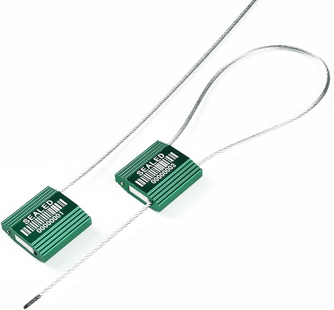 50 Green High Security Cable Seals with Barcode Pull Tight Numbered Steel Security Seals Metal Container Seals Anti-Tamper Shipping Self-Locking Tags for Logisitics ISO 17712 Certificated