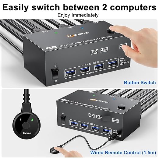 KVM Switch 3 Monitors 2 Computers 8K@60Hz/4K@144Hz, HDMI Displayport KVM Switches for 2 PC Sharing Triple Monitor and Keyboard Mouse with Power Adapter, Wired Extend Controller and USB3.0 Cables