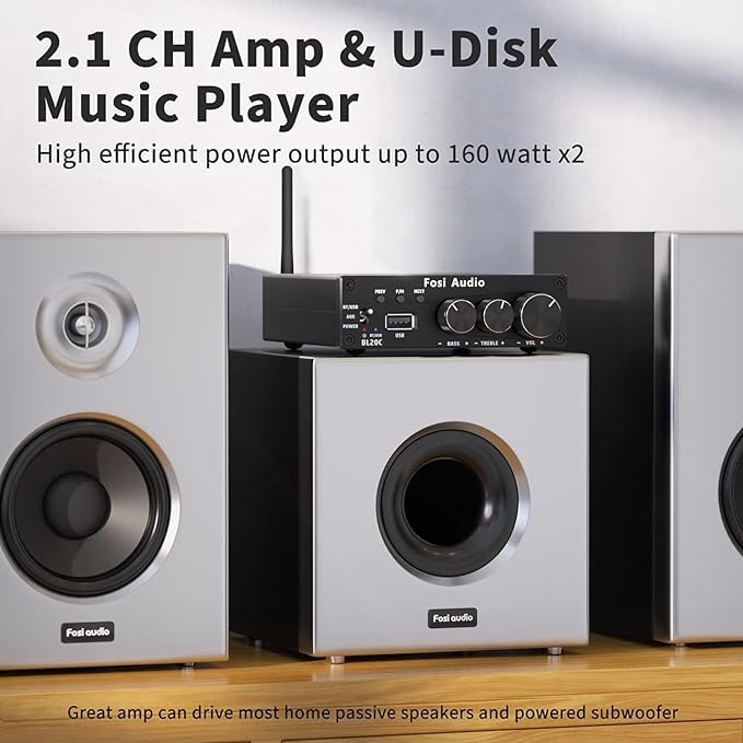 Fosi Audio BL20C Bluetooth 5.0 Stereo Audio Receiver Amplifier 320 Watts 2.1 CH Mini Hi-Fi Class D TDA7498E Integrated Amp U-Disk Player for Home Passive Speakers Powered Subwoofer(with Power Supply)