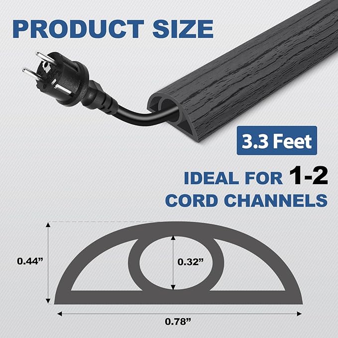 Floor Cord Cover for Wires on Floor Self Adhesive Cord Hider Floor Cable Management Wire Covers for Cords Protector Prevent Cable Trips Cord Cavity W 0.32" x H 0.32", Deep Gray Wood, 3.3Ft