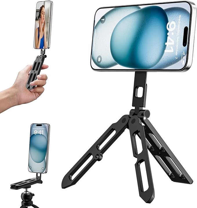 UBeesize 2-in-1 Magnetic Phone Tripod for iPhone–MagSafe Mini Stand & Universal Tripod Mount, Foldable Pocket Aluminum Phone Holder for iPhone 16/15/14/13/12 Series, Desktop & Travel Use
