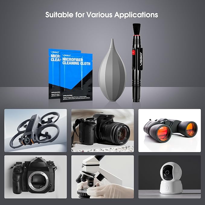 VSGO 4-in-1 Camera Cleaning Kit for Canon, Nikon, Sony DSLR Cameras, Air Blower, Lens Brush Pen, Microfiber Cloths (VS-A13E)