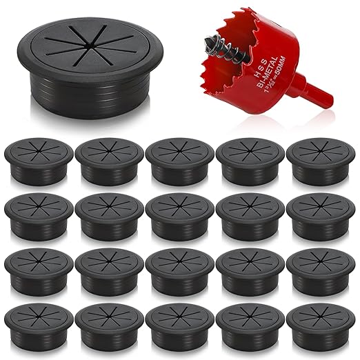 20 Pack Desk Grommets, 2 Inch Desk Cable Hole Cover with Built-in Hole Saw, Wire Cord Cable Grommet for Home Office, Black