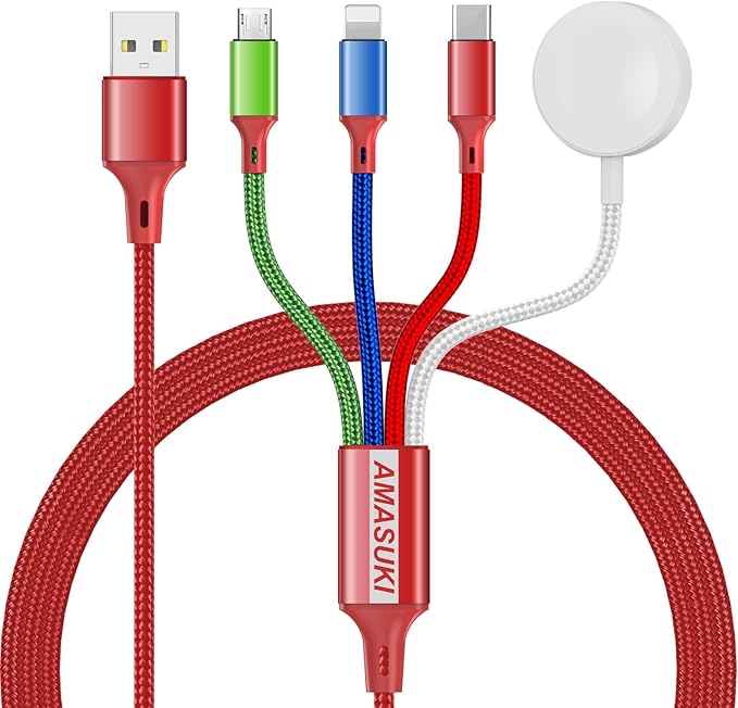 Travel Essentials Multi Charging Cable for Watch Charger 4 in 1 Fast Charger Camping Essentials USB C/L/Micro Compatible with Watch Series 10-1/SE/Ultra Phone 16 15/Galaxy Android-4FT/Red