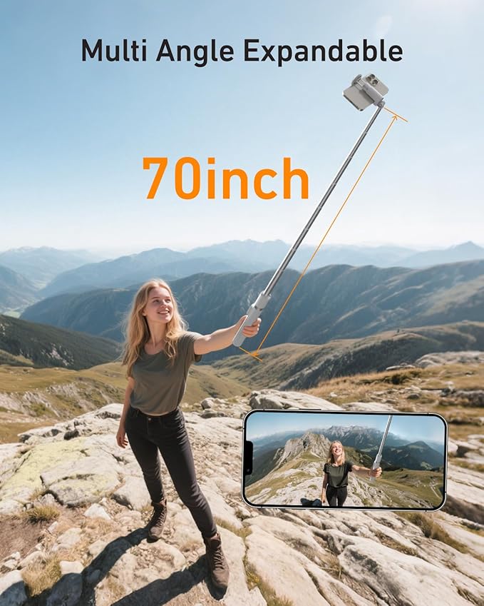 TELESIN 70" Phone Tripod Stand, Gravity-Activated Auto-Open Selfie Stick, Extendable Cell Phone Stand with Magnetic Bluetooth Remote, 360° Adjustable Travel Phone Tripod for iPhone/Android