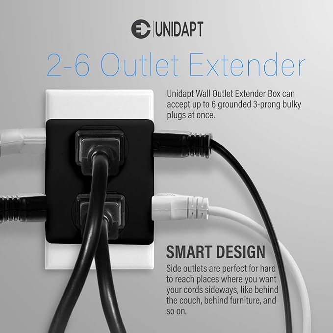 Multi Plug Outlet Splitter, Unidapt Multiple Outlets Extender Adapter with 6 AC Sockets, Side Splitter Box, Wall Power Plug Expander for Home Hotel Office Dorm Essentials, 2-Pack (Black)