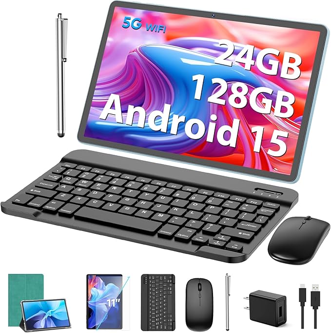 Android Tablet, 11 inch Android 15 Tablet with Keyboard, 24GB+128GB, 1TB Expand, 8000mAh, 5MP+13MP, 2.4G&5G WiFi, IPS Touch Screen, GMS Certified, 2 in 1 Tablets with Case, Mouse, Stylus(Green)
