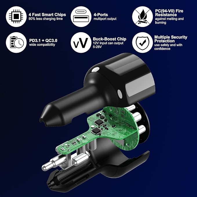 URVNS 240W USB C Car Charger, Super Fast Charging 4-Ports PD3.1 140W/PD3.0 100W PPS 45W QC65W Type-C Car Adapter for MacBook Pro Laptop iPhone 16 15 Max iPad Samsung Galaxy S24/23 Pixel etc