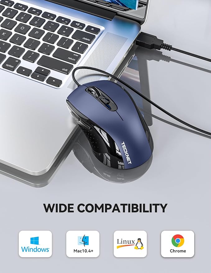TECKNET USB Wired Mouse, 3600DPI Corded Computer Mouse with 4 Adjustable Levels, 6-Button 5FT Cord Ergonomic Mice, Home and Office Mouse for Laptop PC Desktop Notebook - Blue