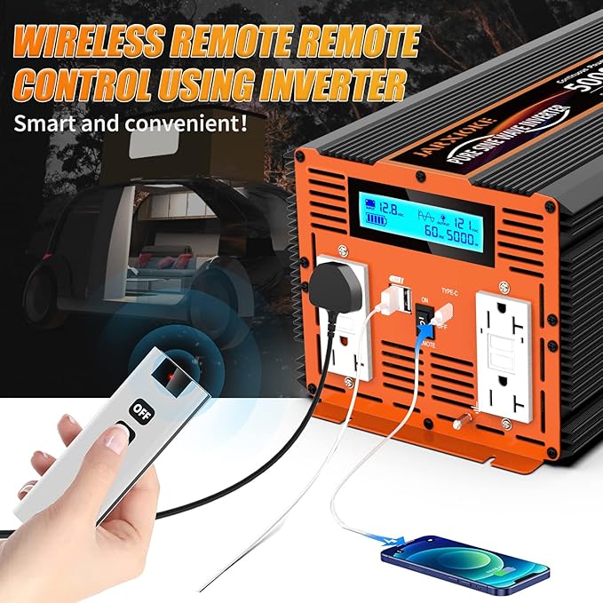 5000W Pure Sine Wave Power Inverter 12V DC to 110V 120V Converter for Family RV Off Grid Solar System Emergency Power Supply, Type-C Port 4 GFCI AC Outlet Dual USB Remote Control and LCD Display