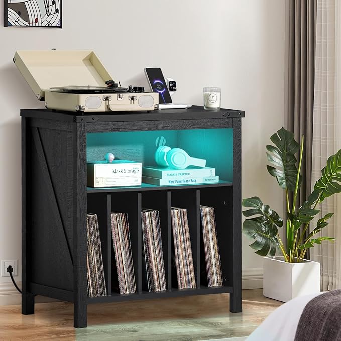 Large Record Player Stand with Charging Station & LED Lights, Vinyl Records Storage Holder Cabinet Holds up to 230 Albums, Turntable Stand for Music Room, Bedroom, Living Room, Office (Black)
